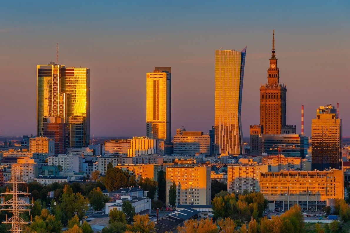Warsaw city centre skyline in warm evening light