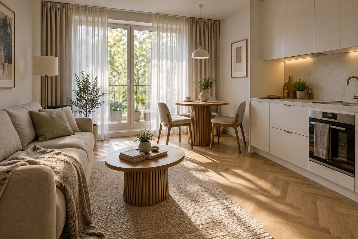 AI generated illustration of a compact living room with a kitchenette
