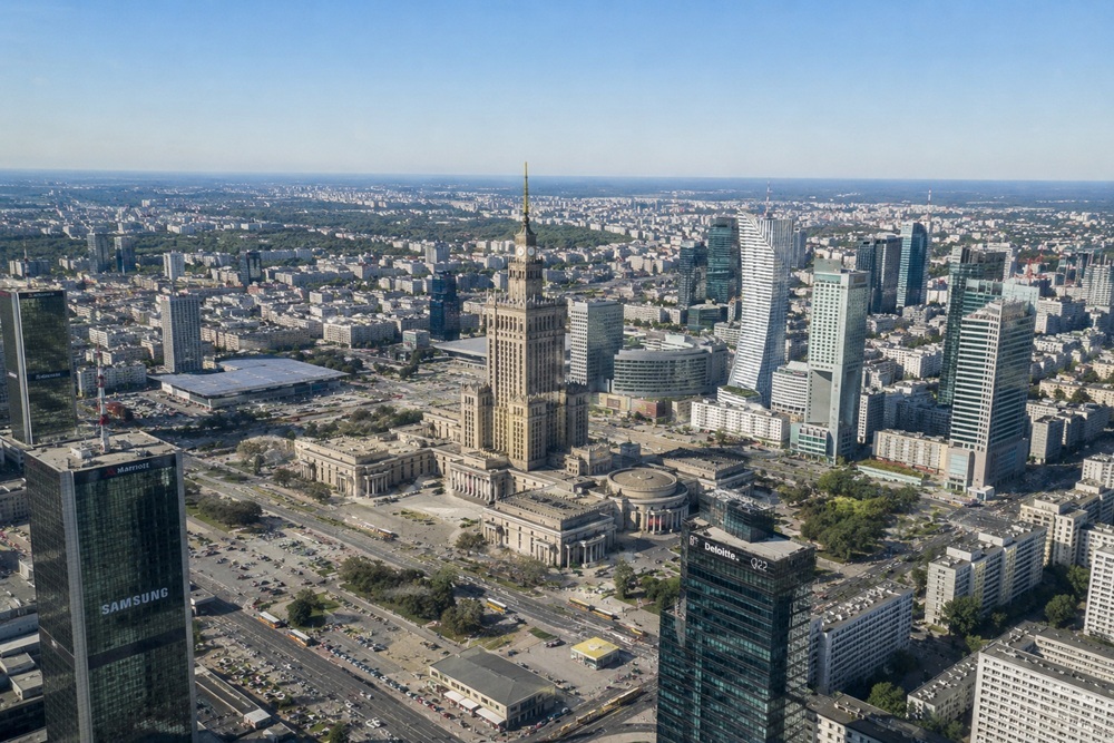 Aerial view of Warsaw city centre with the Palace of Culture