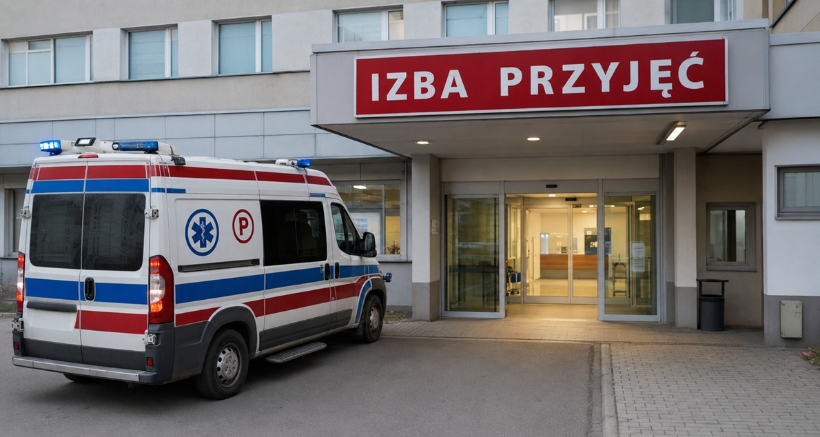 Ambulance parked outside a Polish hospital emergency admission entrance