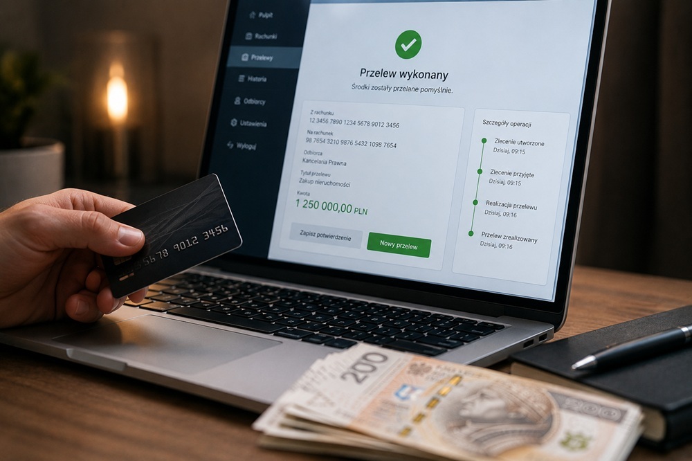 Bank transfer confirmation for Warsaw property purchase — payment of 1,250,000 PLN to legal office in Polish banking system