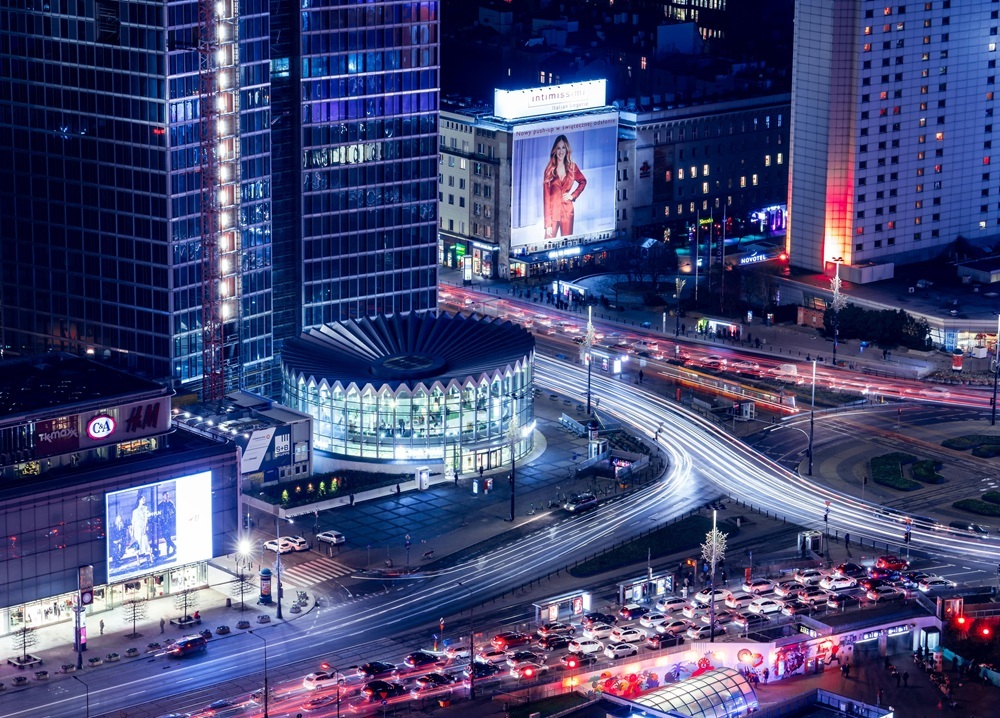 Night view of central Warsaw showing the city's main districts and skyline