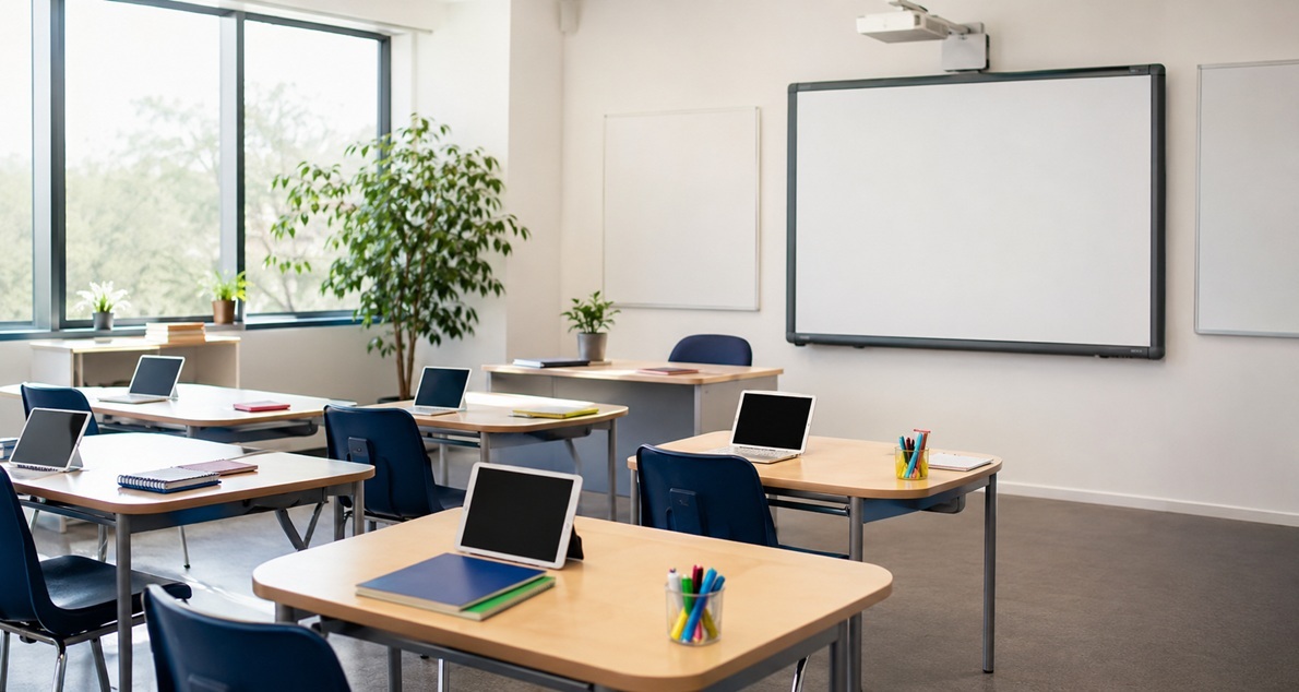 Bright modern classroom in a Warsaw international school with laptops and an interactive whiteboard