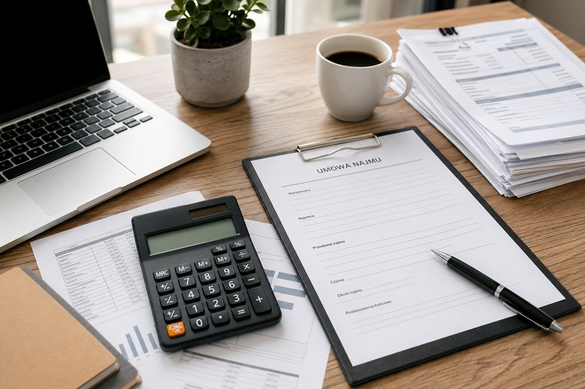 Calculator, lease agreement and financial documents on a desk for rental tax settlement