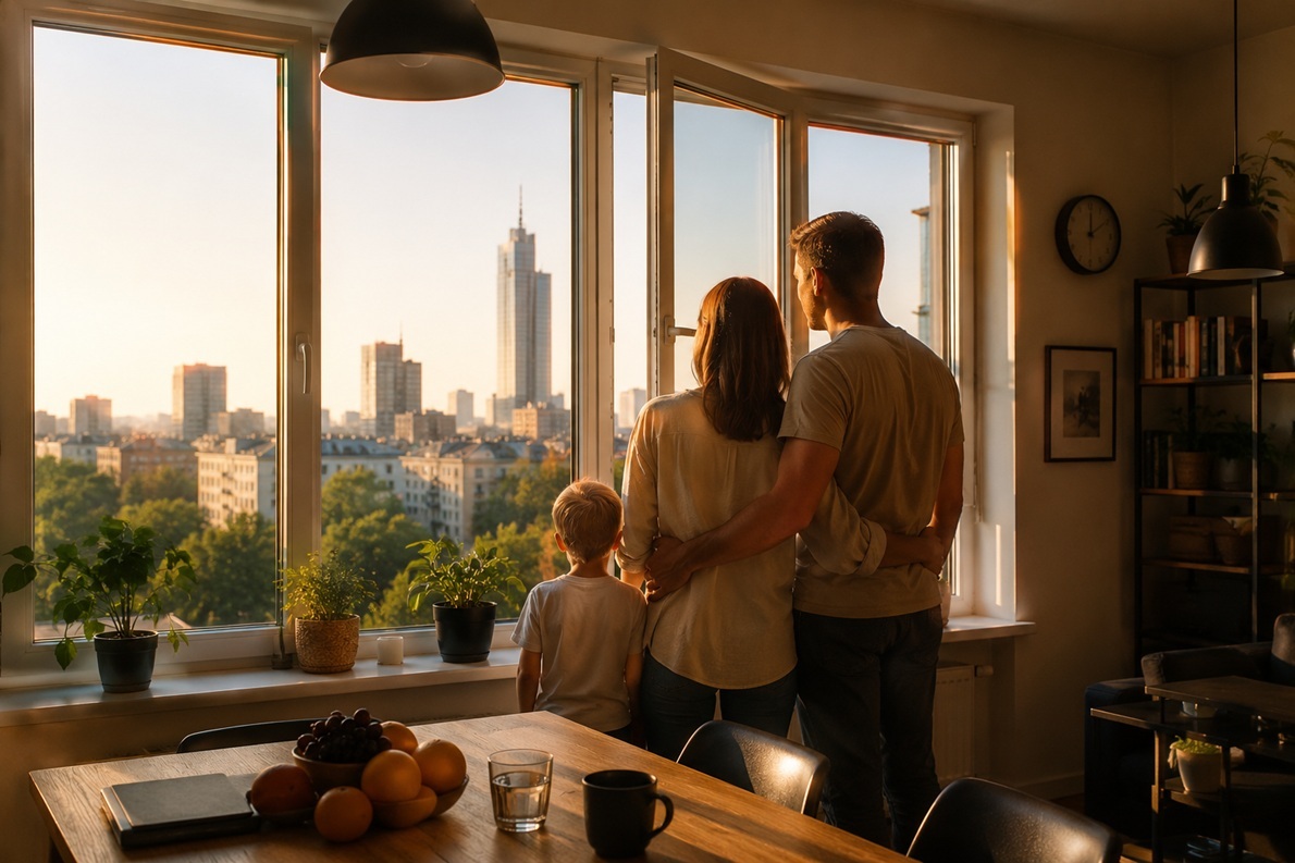 Family enjoying a calm everyday moment in a Warsaw apartment with city views