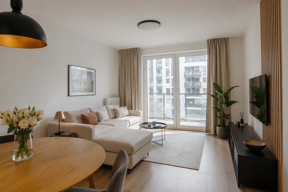 Finished new-build apartment interior in Warsaw — modern open-plan living with balcony access and contemporary fit-out