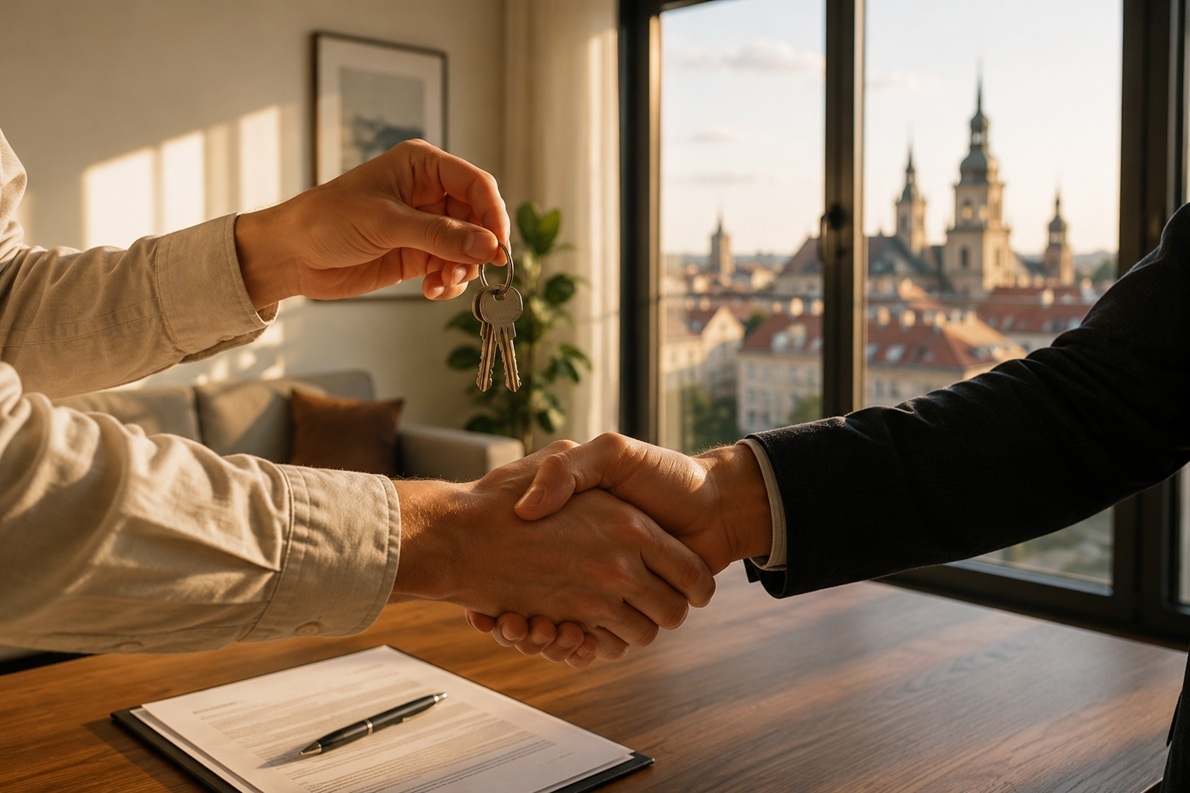 Key handover and handshake after signing a rental agreement in a modern Warsaw apartment