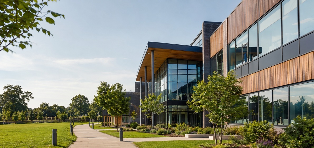 Modern international school campus building in Warsaw with green outdoor areas