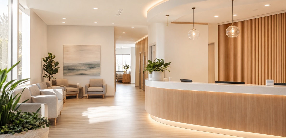 Modern private clinic reception and waiting area in Warsaw with a bright, welcoming interior