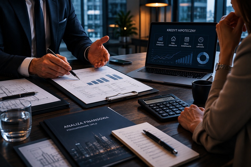 Mortgage consultation with a Polish bank advisor, reviewing kredyt hipoteczny options