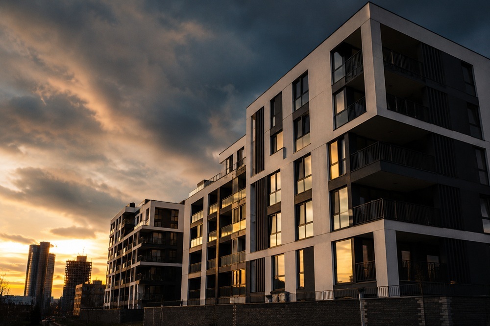 New-build residential complex in Warsaw at sunset — modern primary market apartment development