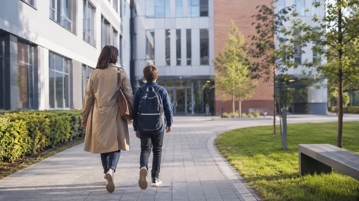 Parent and child walking with a backpack toward a modern international school campus in Warsaw