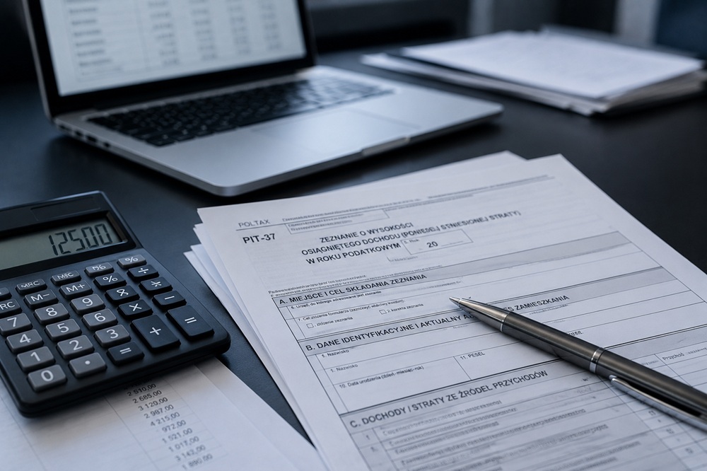 Polish tax form with calculator, showing income tax obligations for foreign property buyers