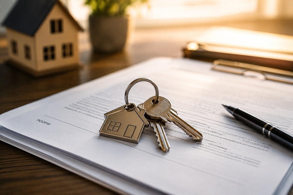 Property keys on mortgage signing documents — completing a home purchase with a Polish mortgage loan