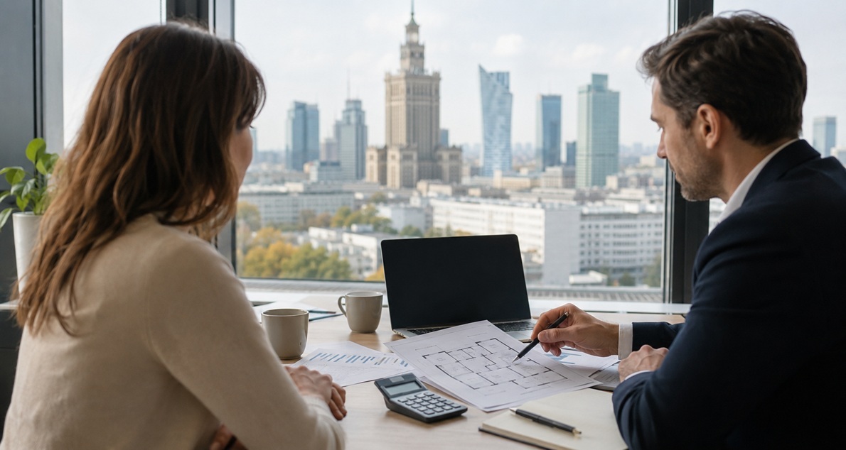 Real estate advisor consulting with a client about buying, financing and renting an apartment in Warsaw