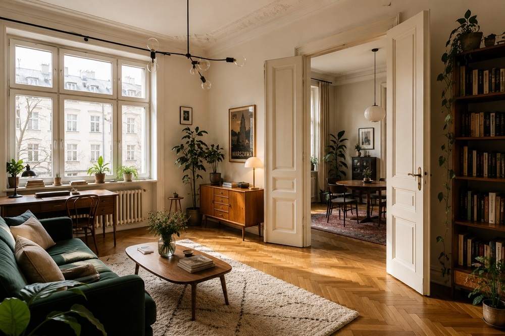 Resale apartment interior in Warsaw — original herringbone parquet, high ceilings and period character in a pre-war tenement