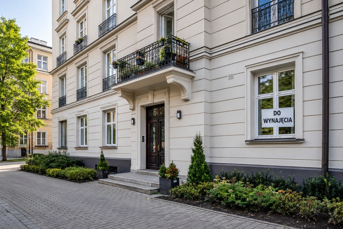 Residential building facade in Warsaw with a visible for-rent sign in a window