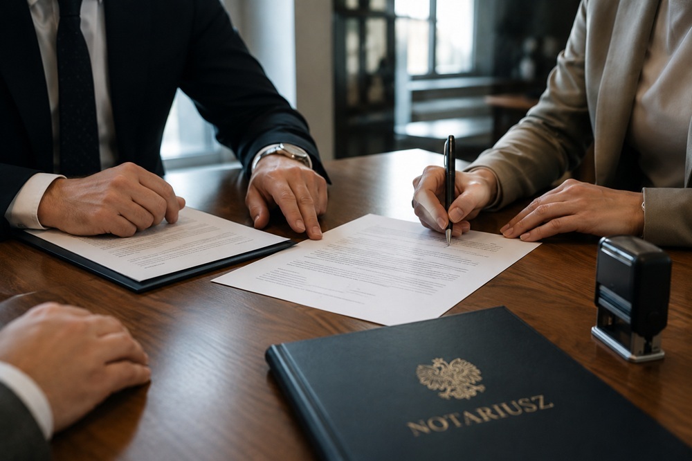 Foreign buyer signing the notarial deed at a Warsaw notary office