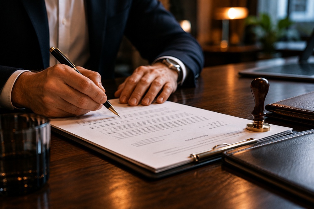 Signing a notarial property document in Warsaw with notary stamp and legal deed