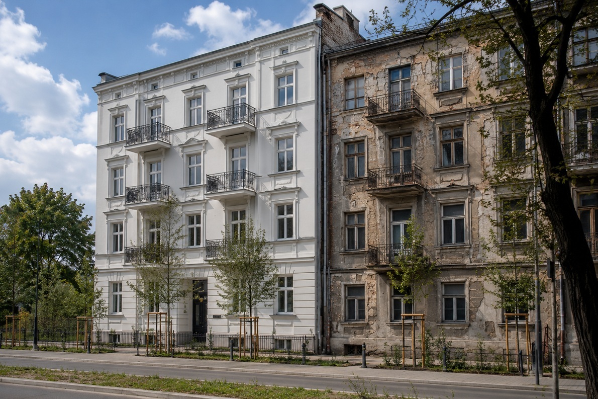 Renovated tenement facade showing urban regeneration in Targówek