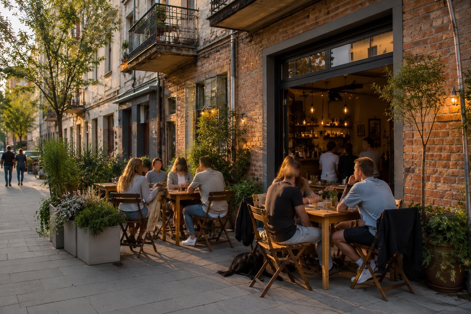 Cafe on a revitalized street in Targówek, warm evening lifestyle scene