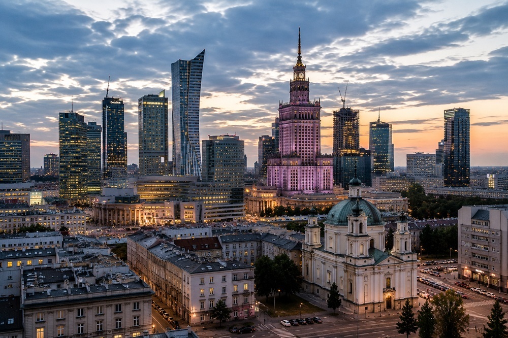 Warsaw city centre at dusk — property investment market with Palace of Culture and mixed architectural heritage