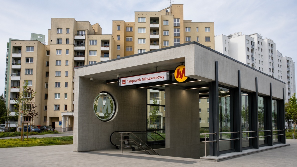 Modern apartment building next to a metro M2 station entrance in Targówek, Warsaw