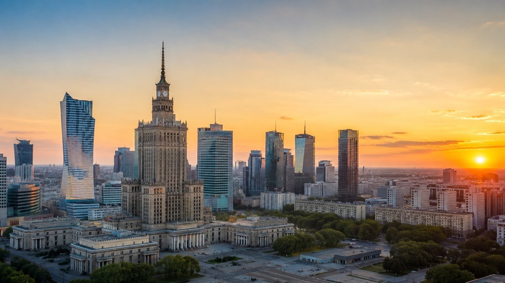 Warsaw skyline at golden hour — Palace of Culture and modern towers in Poland's primary mortgage and property investment market