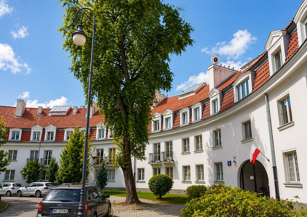 Żoliborz Warsaw residential street — pre-war building fabric and green neighbourhood atmosphere