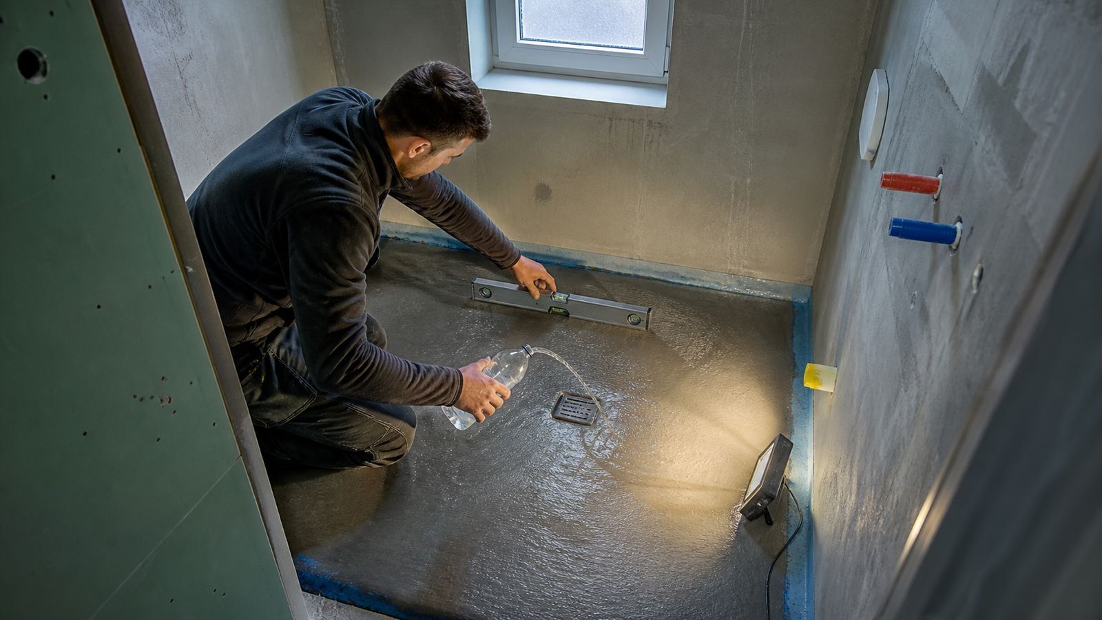 Bathroom drainage and floor slope check in an unfinished apartment