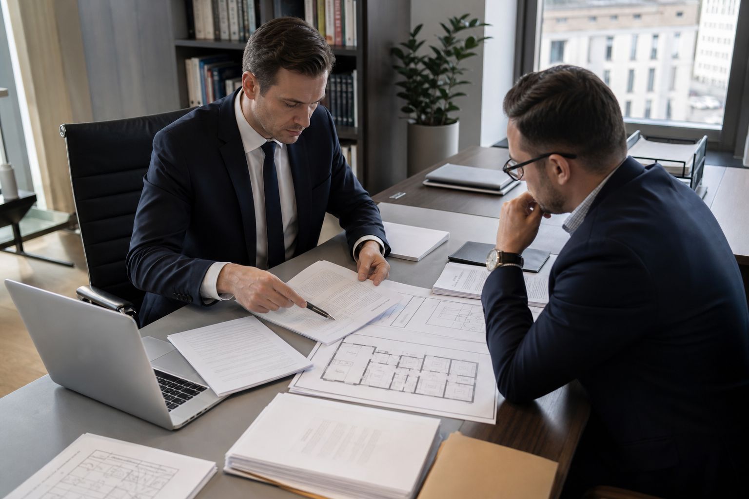 Warsaw property lawyer and buyer representative reviewing title documents and an apartment plan