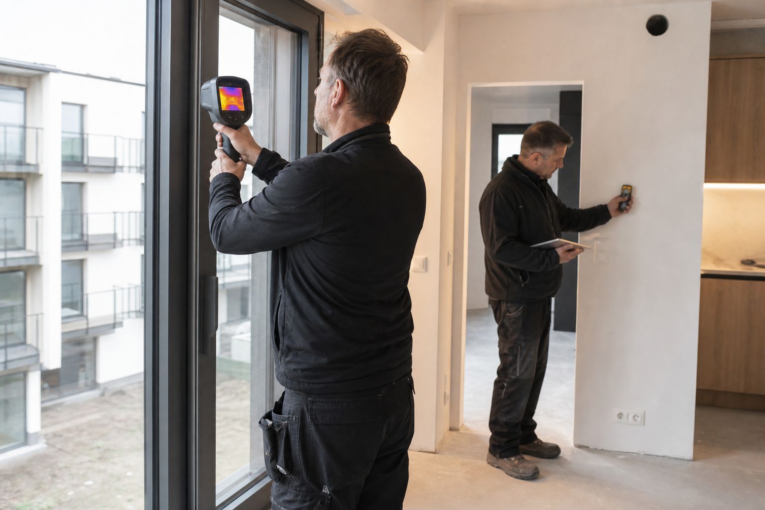 Independent inspectors checking a Warsaw apartment with a thermal camera and moisture meter