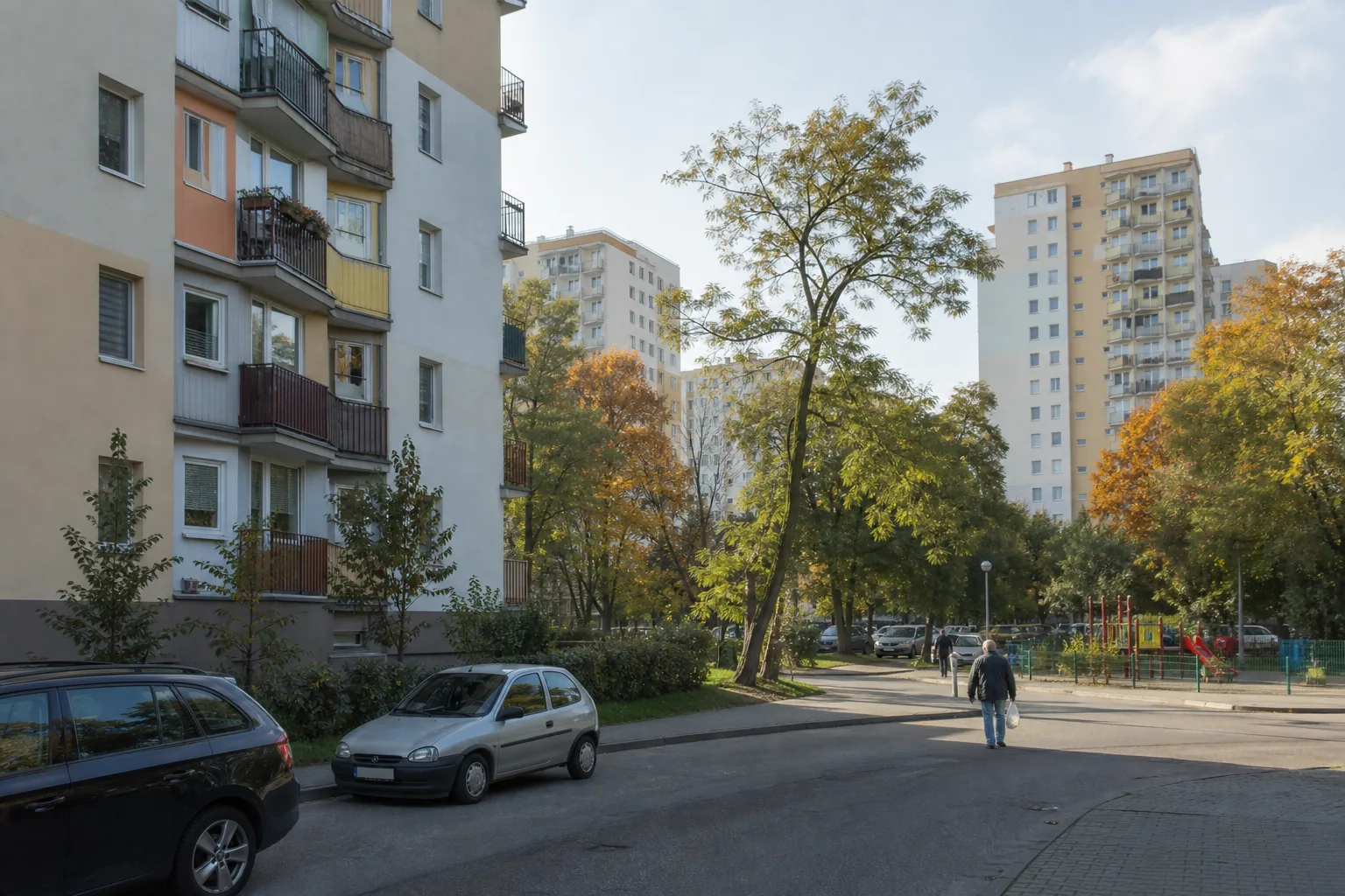 Established Bemowo housing estate with older apartment blocks and mature trees