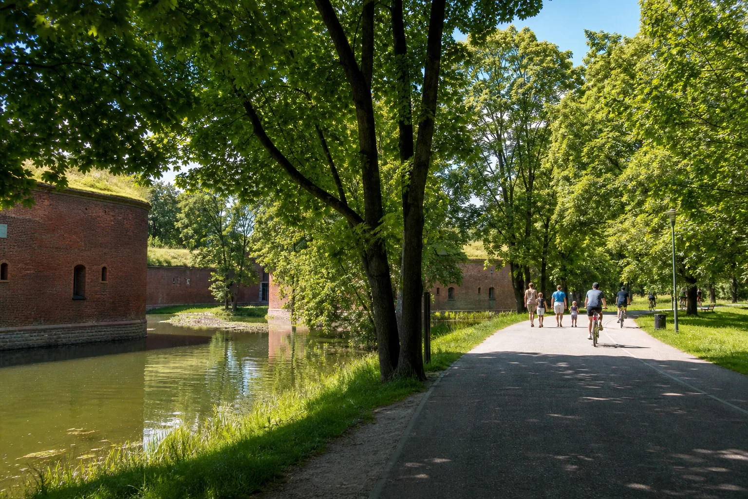 Paths, moat and historic brick fortifications at Fort Bema in Warsaw
