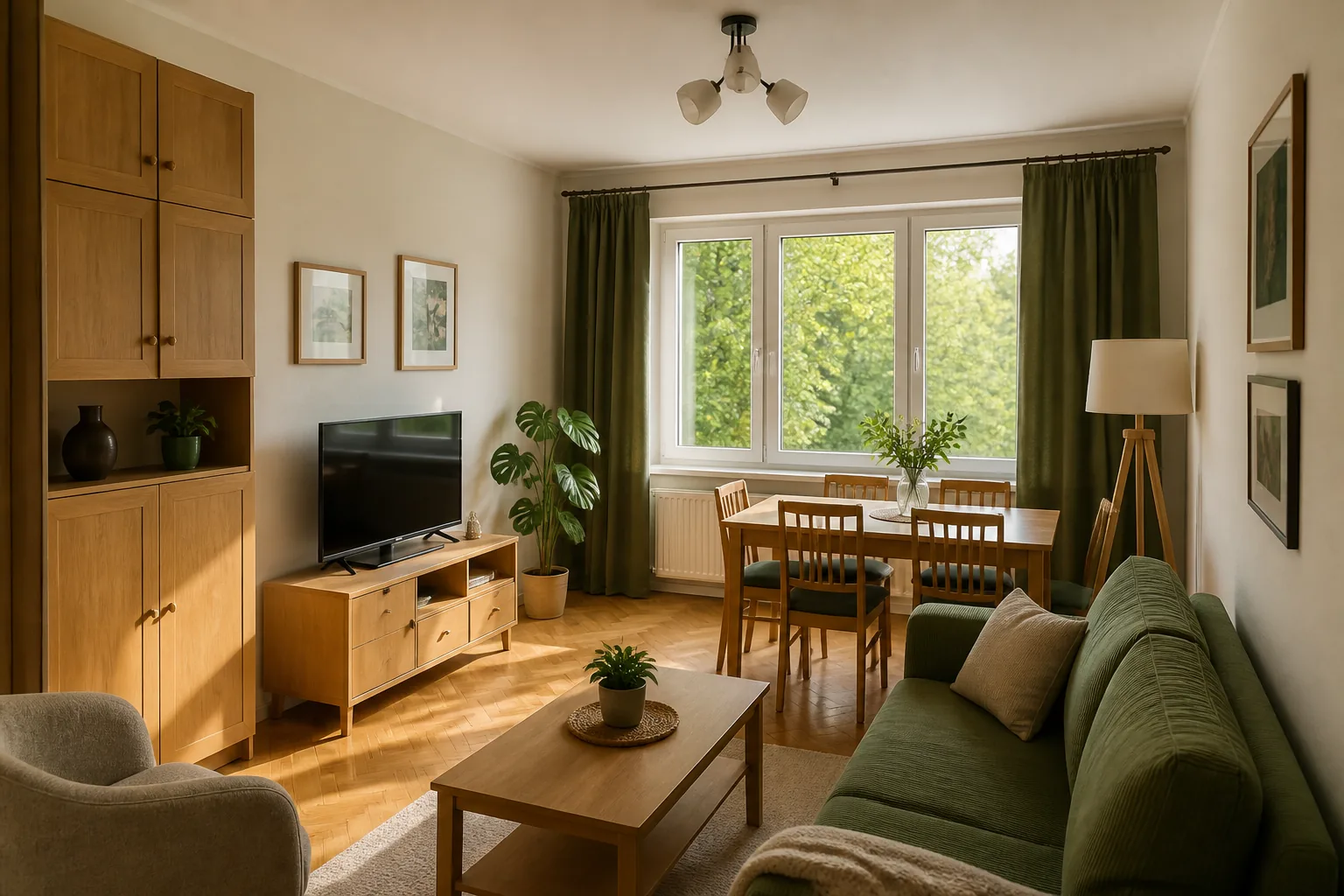 Renovated long-term rental living room in an established Bemowo apartment