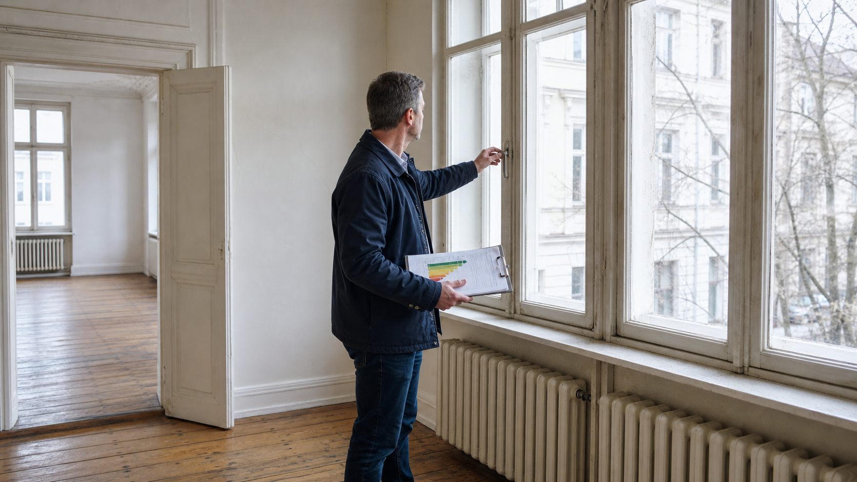 Engineer checking windows, radiator and energy documentation in a Berlin Altbau apartment