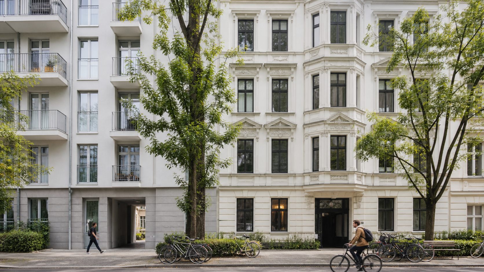 Established Berlin Altbau residential block beside restrained contemporary infill