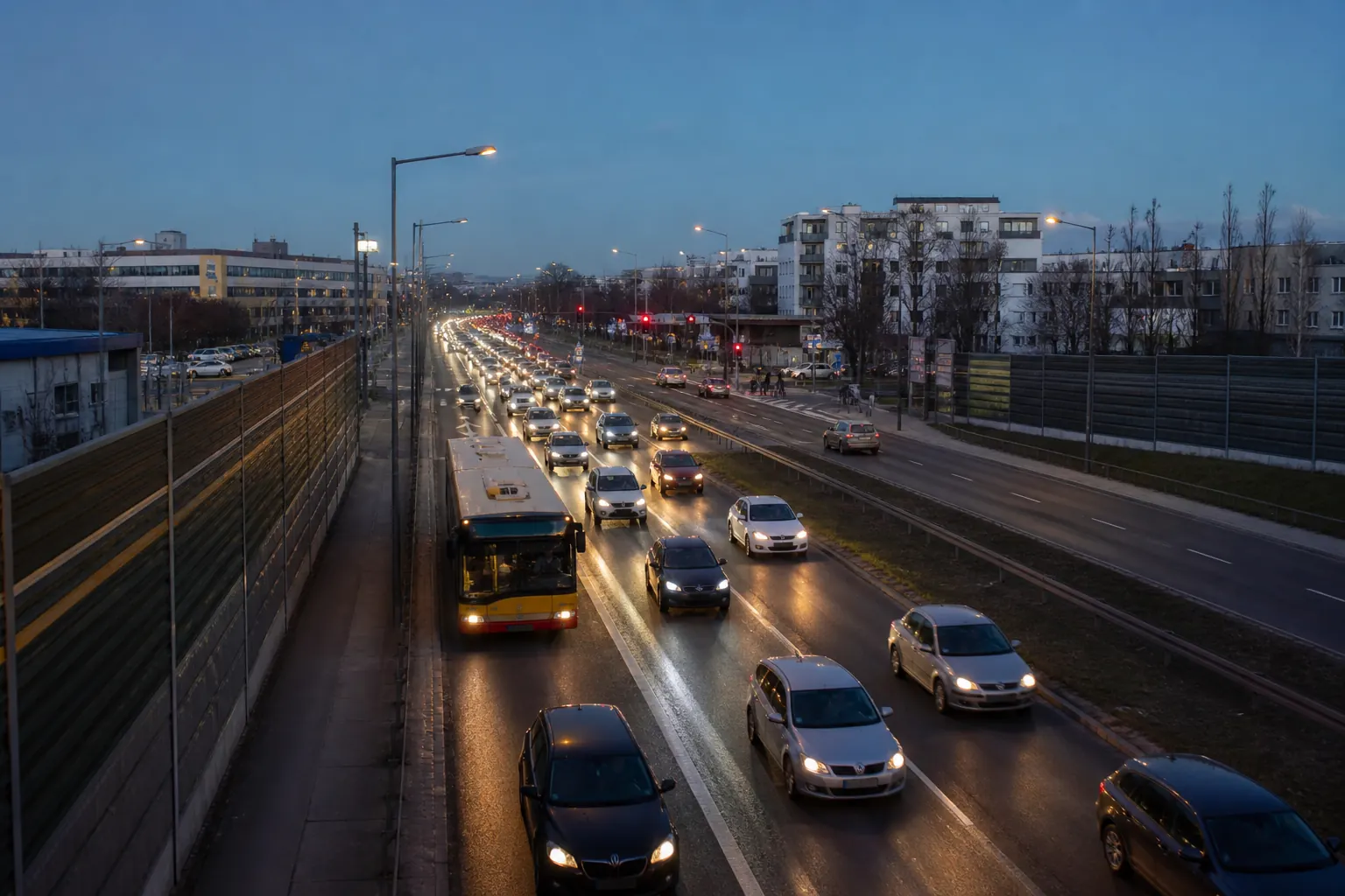 Weekday traffic on a major road in Warsaw Białołęka