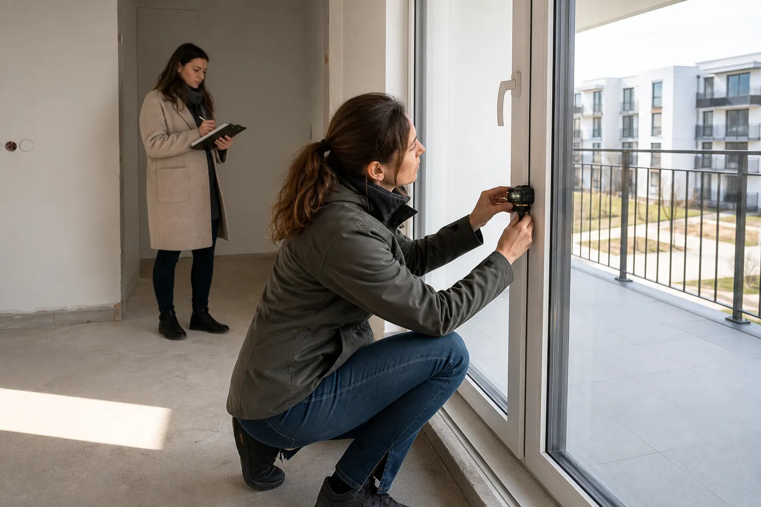 Technical inspection of a balcony door during a Warsaw apartment handover