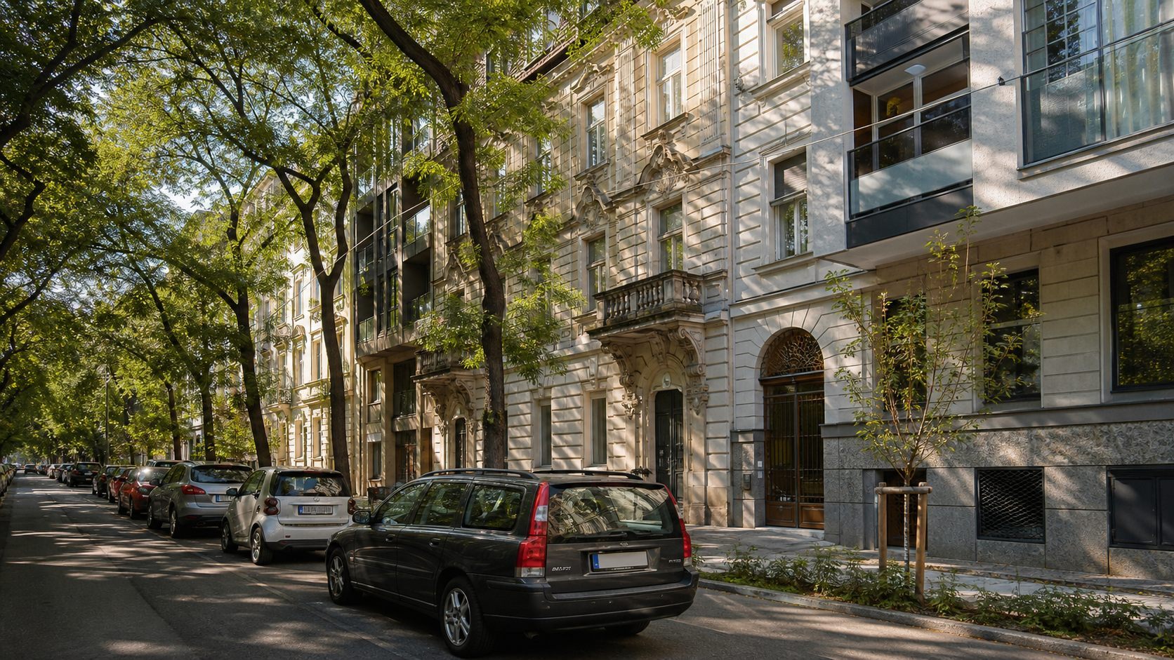 Established residential street with historic and contemporary apartment buildings in Budapest