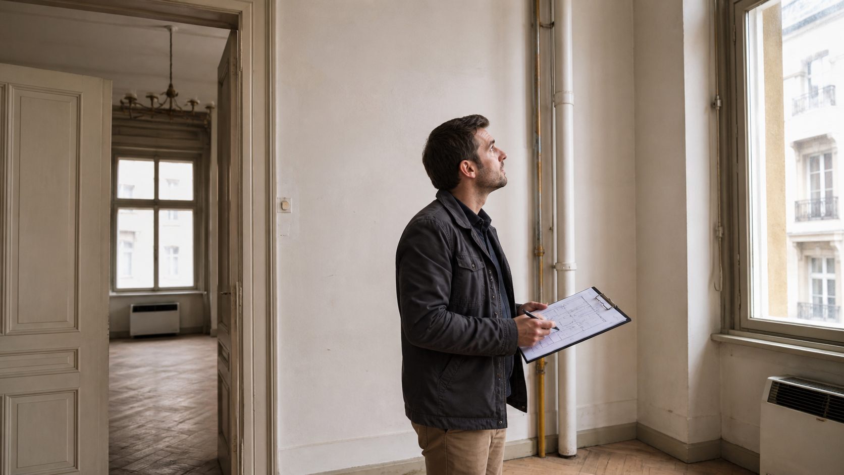 Engineer inspecting an older Budapest apartment before a foreign buyer purchase