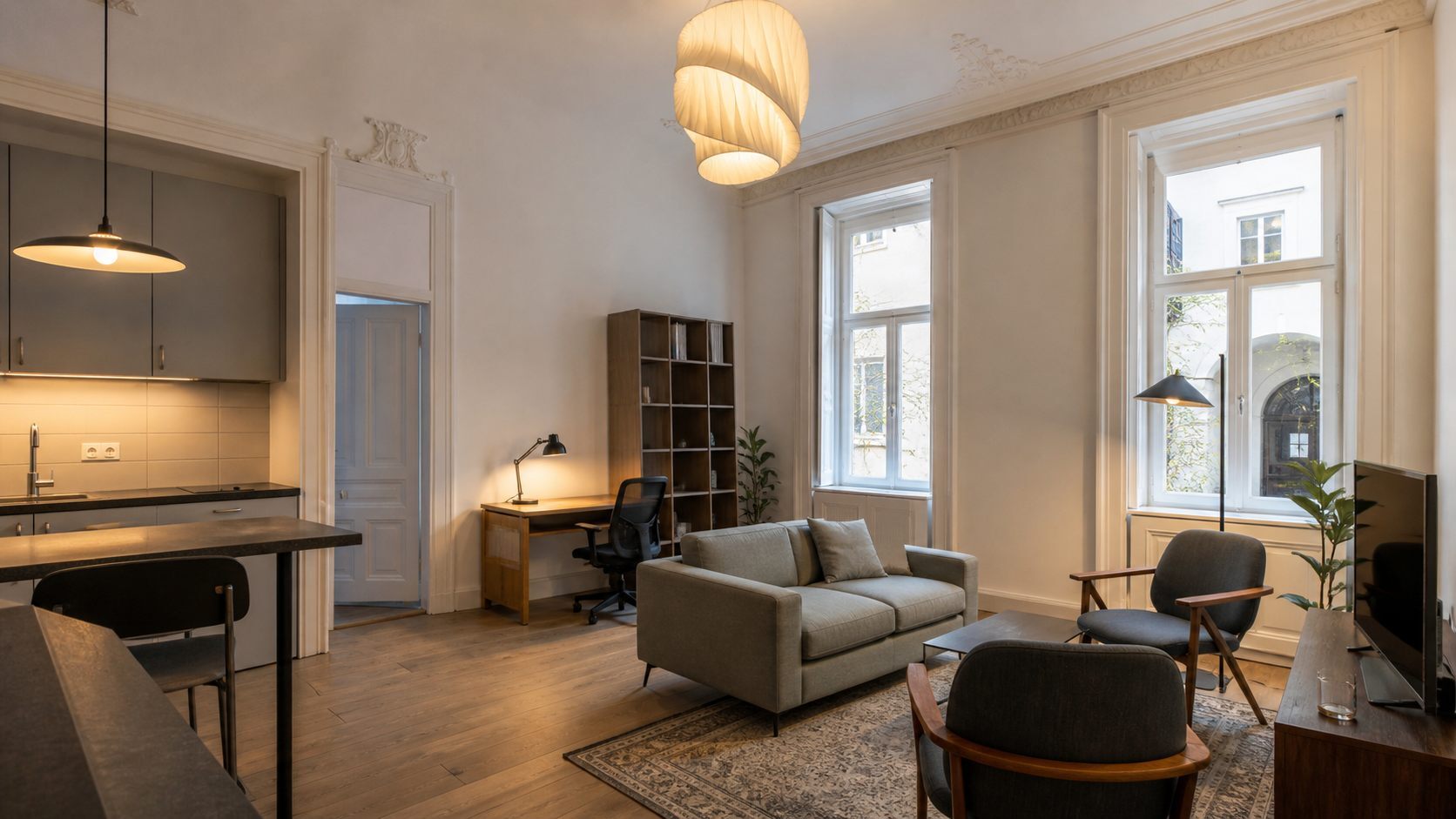Renovated high-ceiling Budapest apartment prepared for a professional long-term tenant