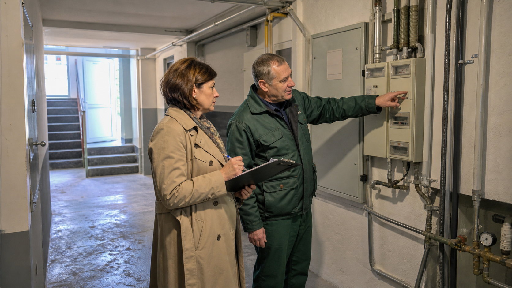 Property manager and technician reviewing operating-cost risks in an established Warsaw building