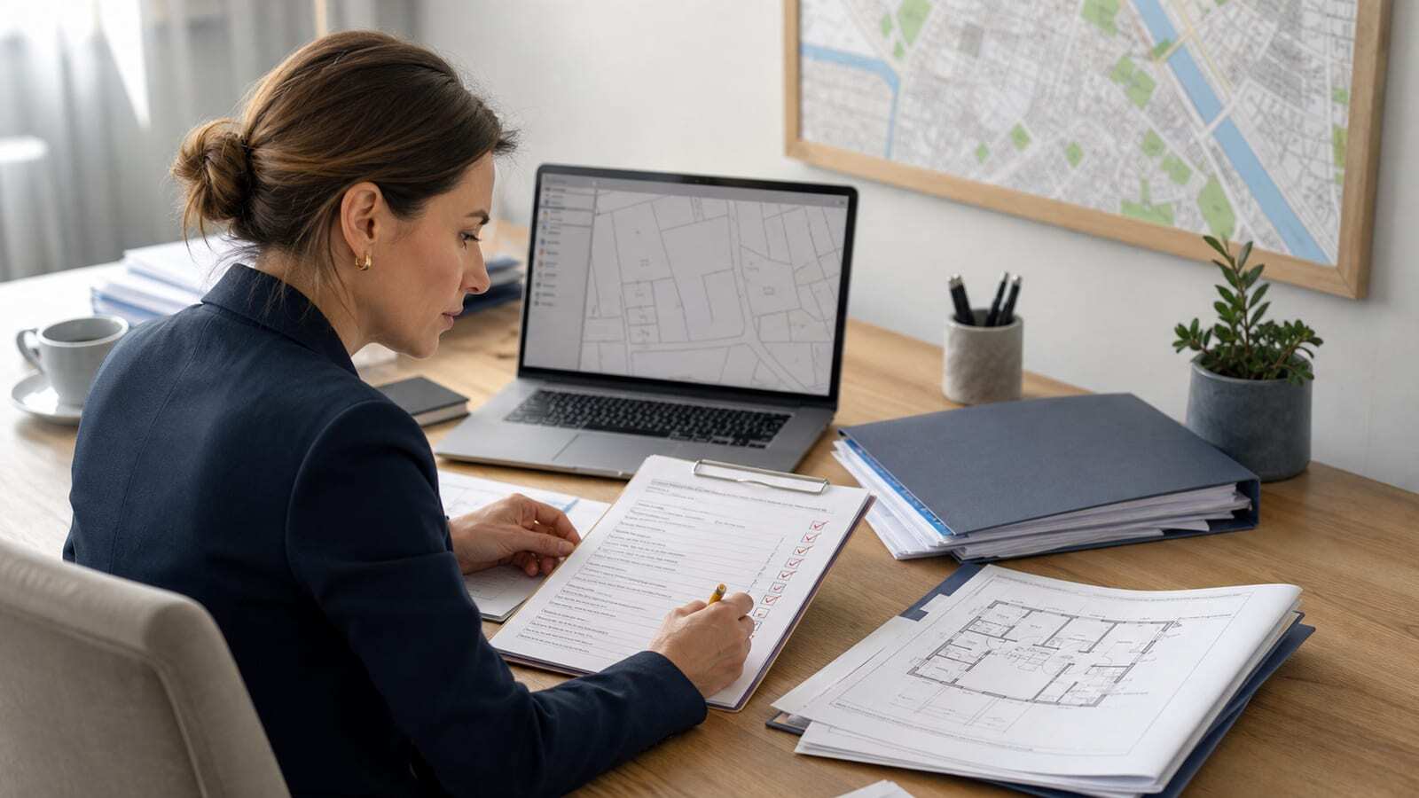 Independent Polish property lawyer reviewing the land register, plans and due-diligence checklist