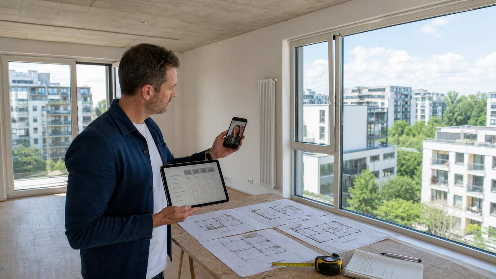Independent buyer's agent comparing Warsaw apartment options during a remote viewing