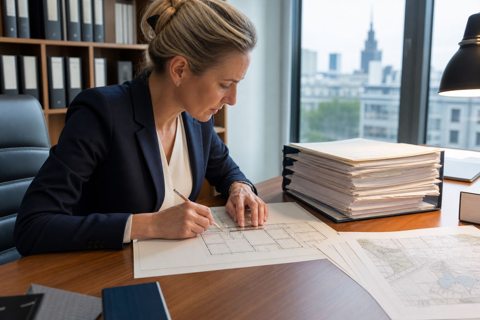 Independent Polish property lawyer comparing a Warsaw apartment plan with the legal title file