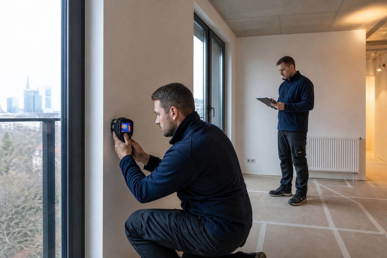 Independent technical inspectors checking a newly finished Warsaw apartment for a remote buyer