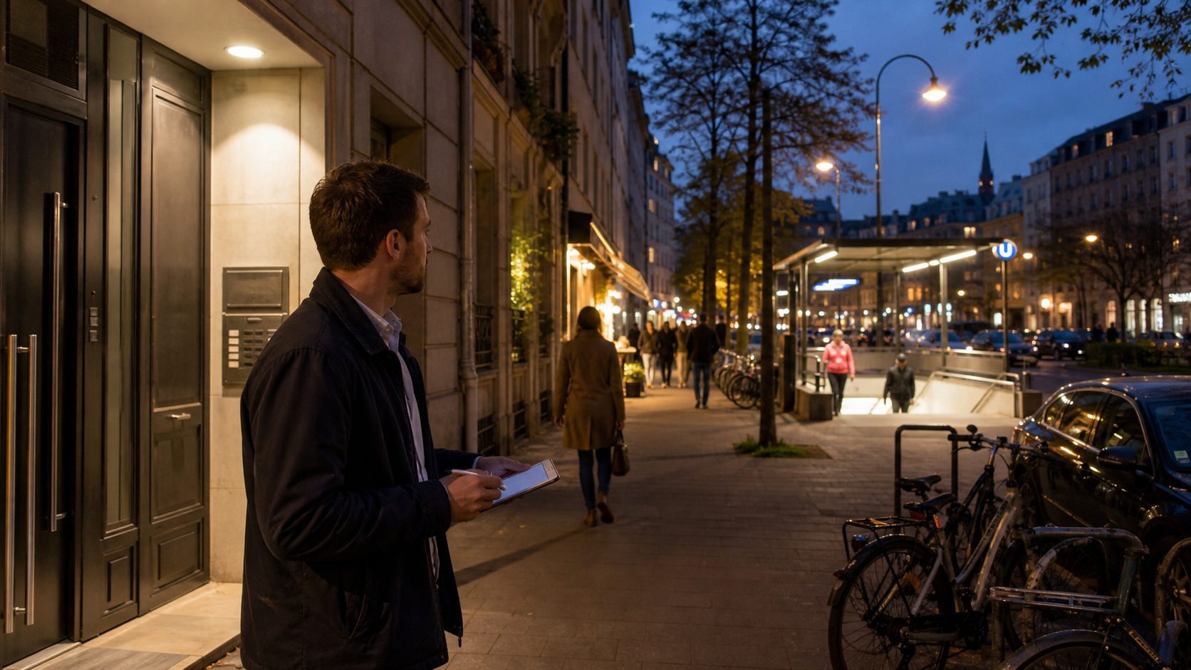 Buyer-side adviser reviewing lighting, building access and the route to urban rail after dark
