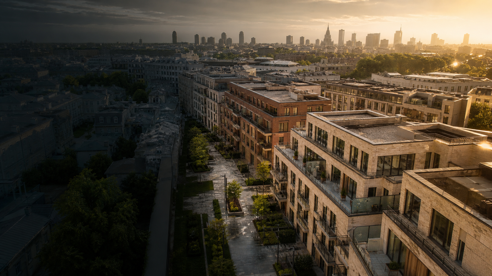 Aerial sunrise view across a premium Warsaw residential quarter for buyers based in the United Arab Emirates