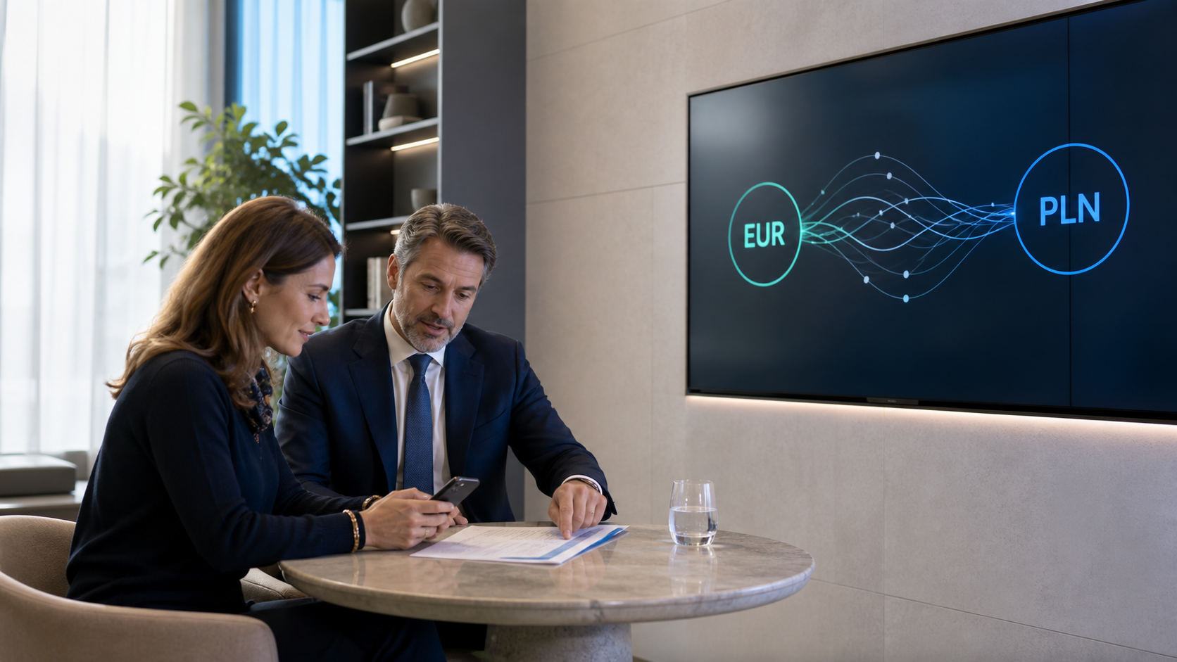 French buyer and banking specialist checking a controlled EUR-to-PLN Warsaw property payment